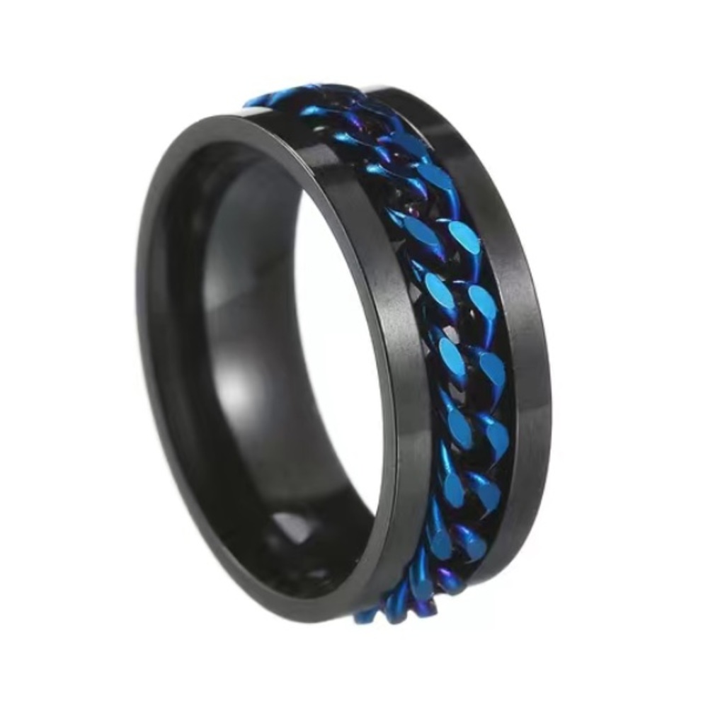 Black Stainless Steel Blue Chain Spinner Ring  - Men’s Fidget Band Biker Style